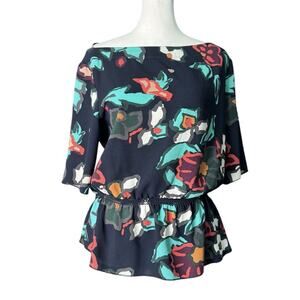 Wilfred Aritzia Womens Peplum Short Sleeve Top Navy Floral Blouse, Size Small